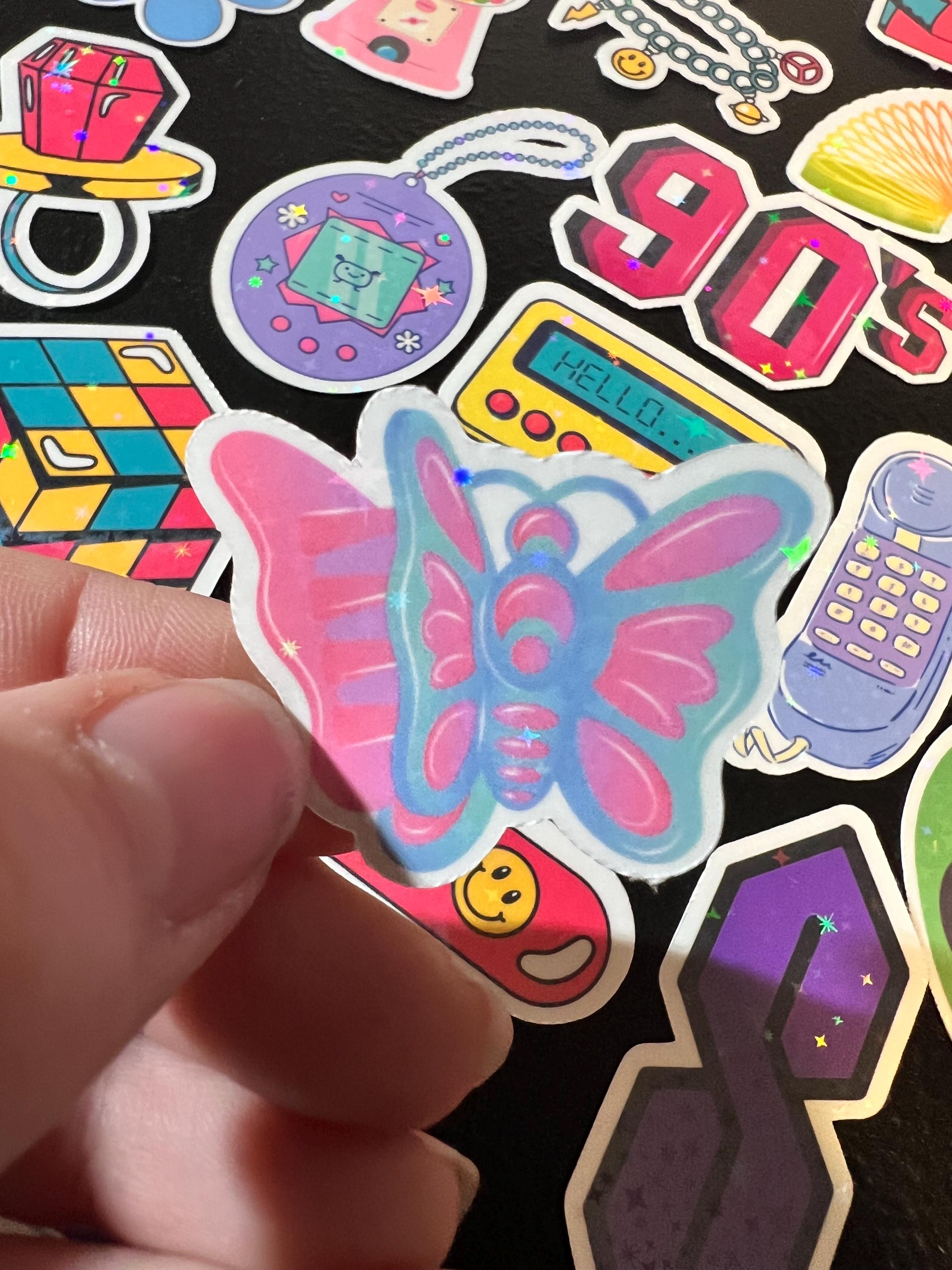 Holographic 90s Nostalgia Sticker Pack, 35 Retro Vinyl Decals (Water-Resistant)
