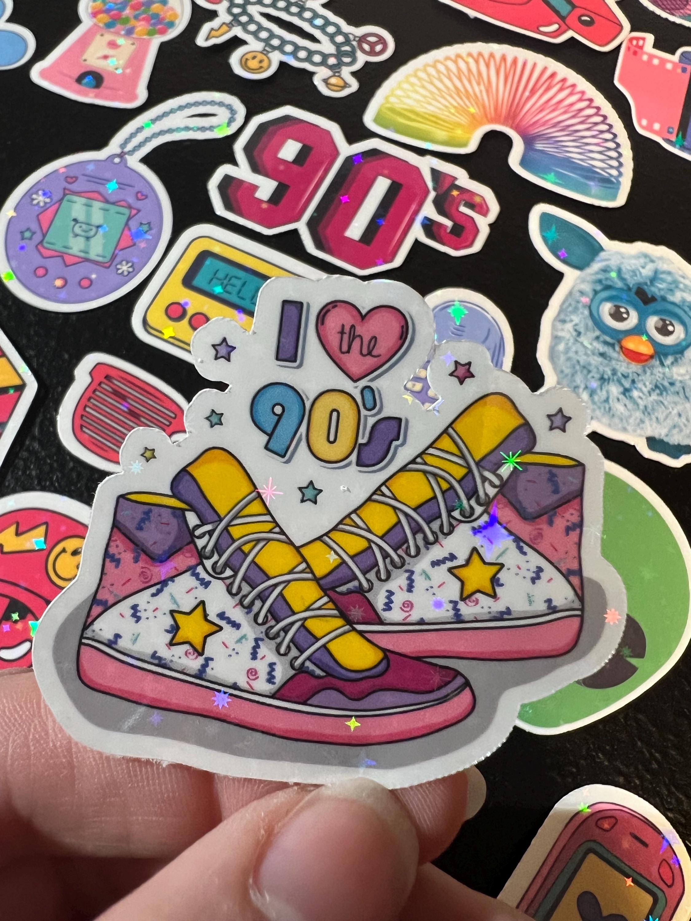 Holographic 90s Nostalgia Sticker Pack, 35 Retro Vinyl Decals (Water-Resistant)