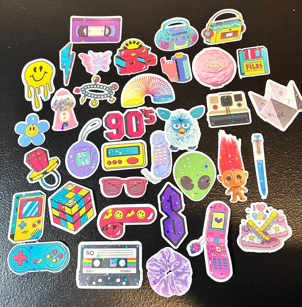 Holographic 90s Nostalgia Sticker Pack, 35 Retro Vinyl Decals (Water-Resistant)